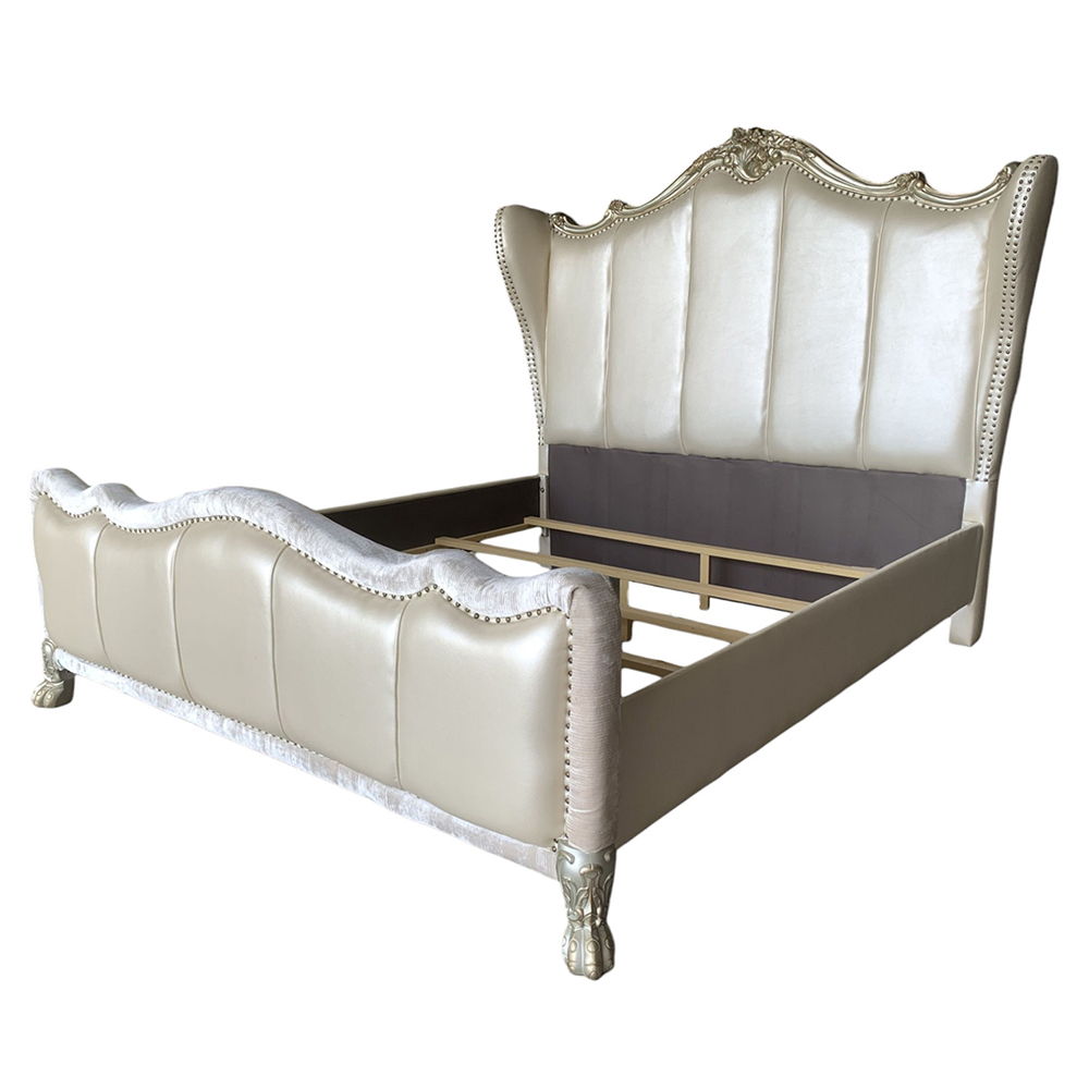 Dresden II - California King Bed - Pearl White Synthetic Leather & Gold Patina