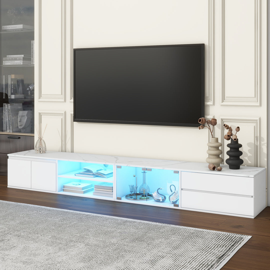 Modern APP Controlled LED, Faux Marble Tabletop with tempered Glass Doors, TV Stand for TVs Up to 105'', White