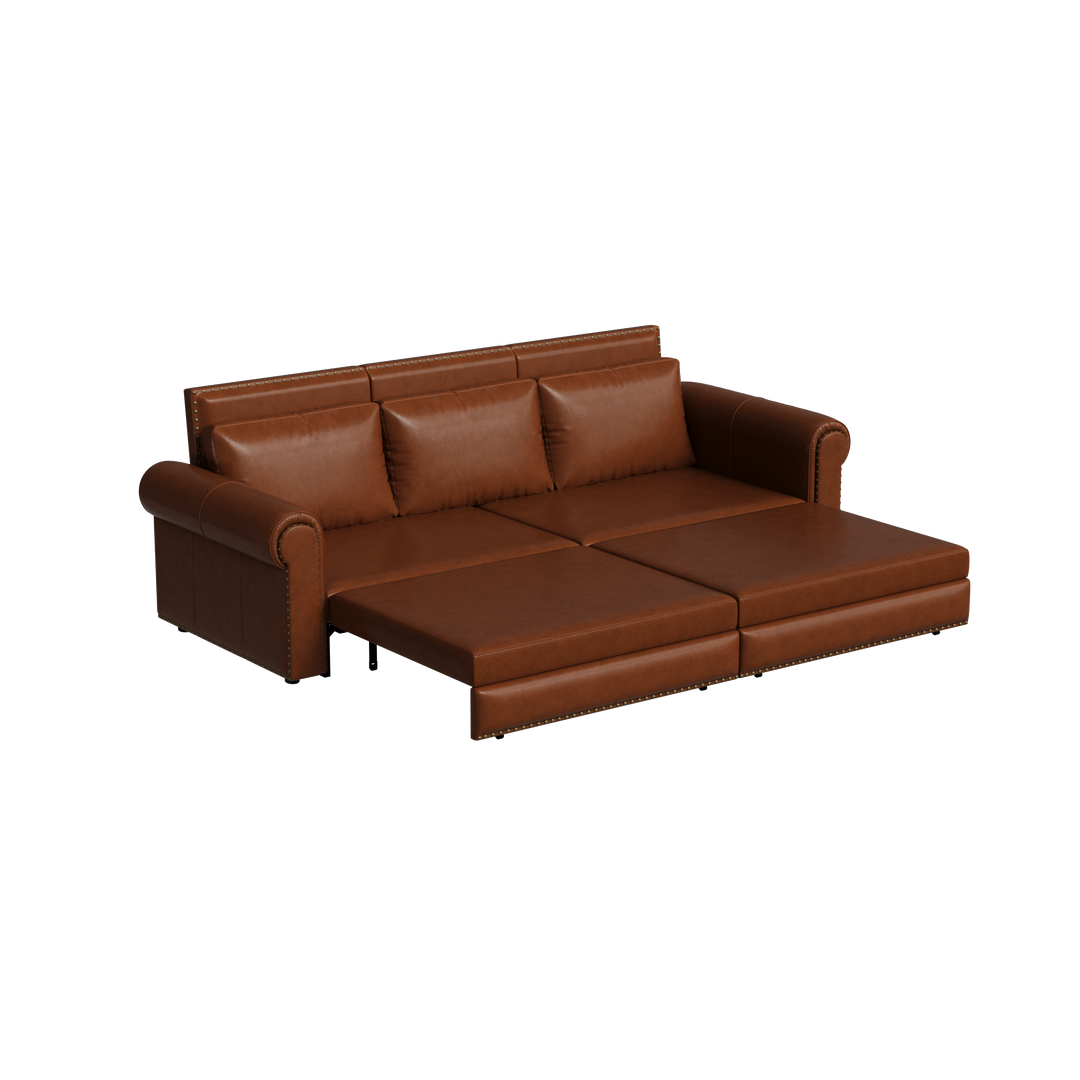 Faux Leather Pull Out King Sofa Bed with Nailhead Trim & Rolled Arm in Light Brown