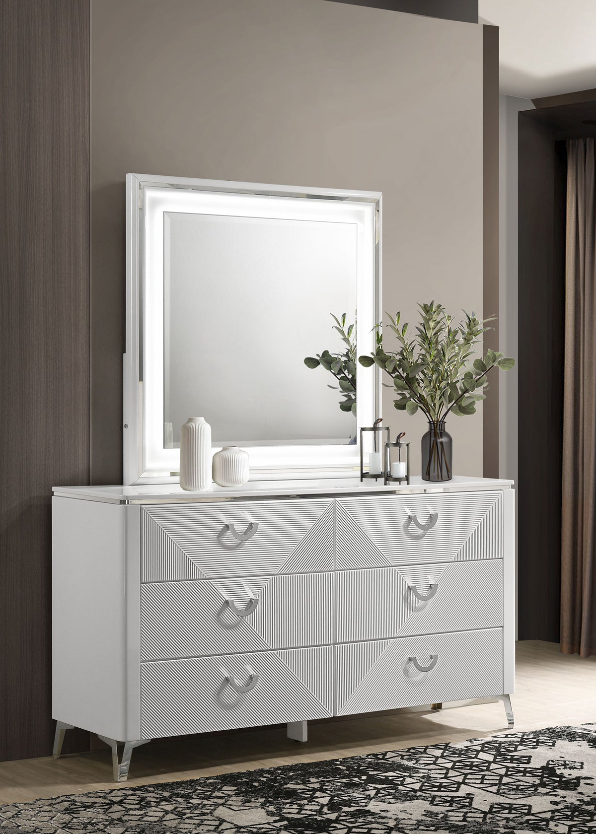 Cassia - 6-Drawer Dresser Cabinet With Mirror - White High Gloss