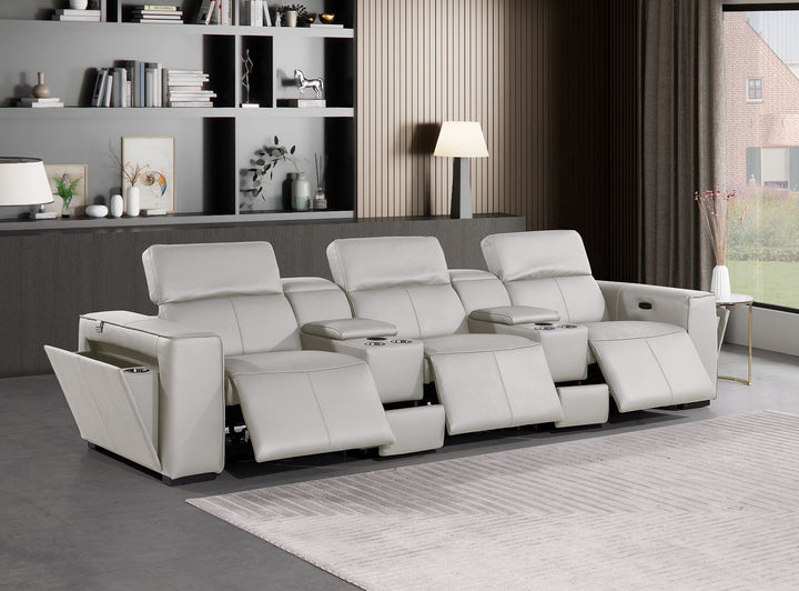 DivanItalia 1224 5-Piece Modular Power Reclining Sofa in Top Grain Italian Leather with 3 Power Recliners &amp; Power Headrests - Light Gray