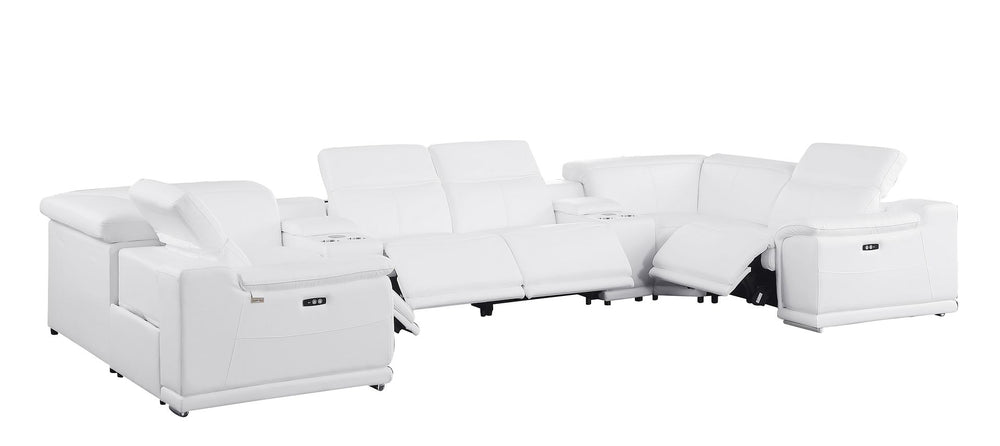 DivanItalia 9762 8-Piece U Shaped Top Grain Italian Leather Sectional Sofa with 4 Power Recliners – with Console - White