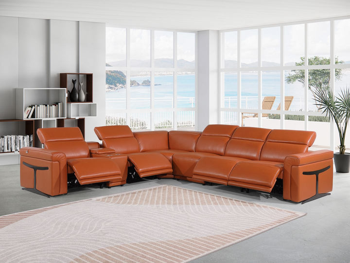 DivanItalia 1126 7-Piece L-Shaped Sectional Sofa in Top Grain Italian Leather with 4 Power Recliners &amp; Power Headrests - Camel