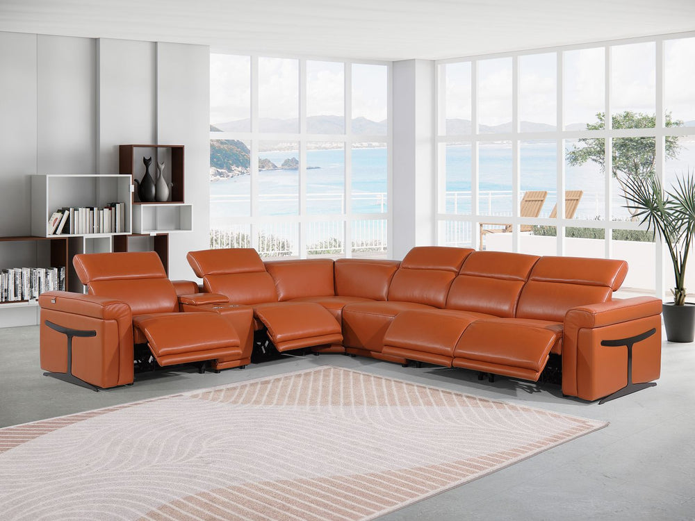 DivanItalia 1126 7-Piece L-Shaped Sectional Sofa in Top Grain Italian Leather with 4 Power Recliners & Power Headrests - Camel