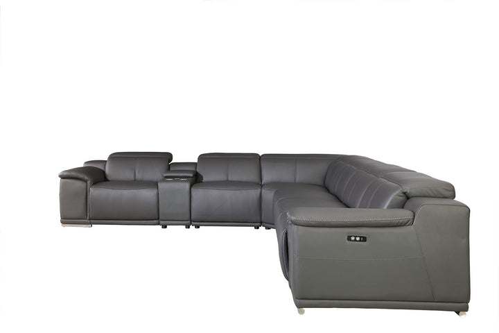 DivanItalia 9762 7-Piece L Shaped Top Grain Italian Leather Sectional Sofa with 3 Power Recliners - Dark Gray
