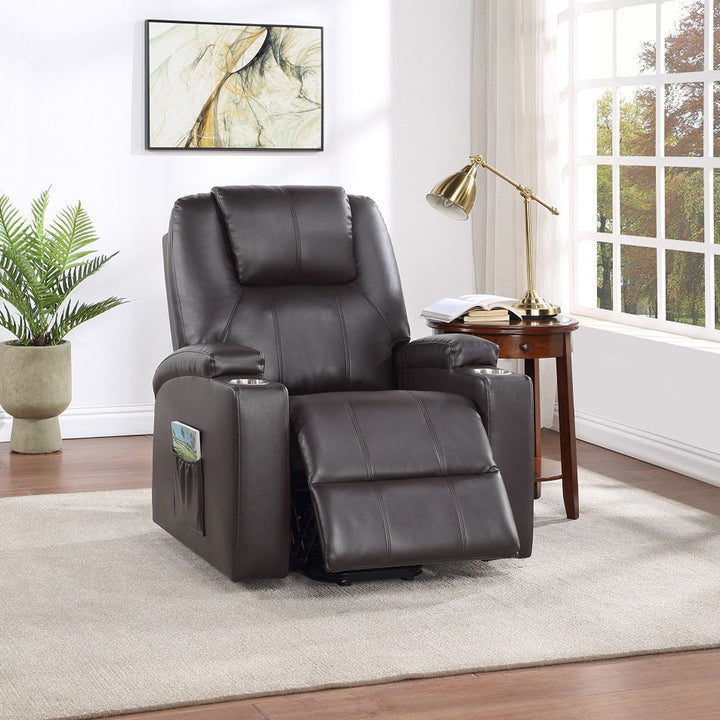 Evander - Recliner With Power Lift & Massage - Brown Leather Aire