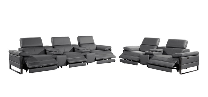 DivanItalia 1246 Modular Power Reclining Dual Console Sofa and Console Loveseat Set with Power Headrests – Top Grain Italian Leather - Dark Gray