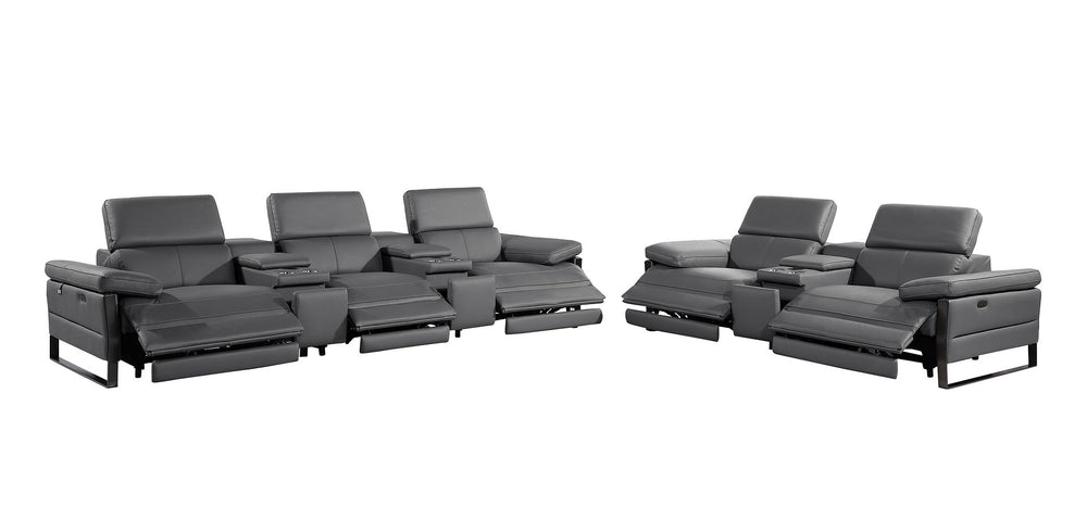 DivanItalia 1246 Modular Power Reclining Dual Console Sofa and Console Loveseat Set with Power Headrests – Top Grain Italian Leather - Dark Gray