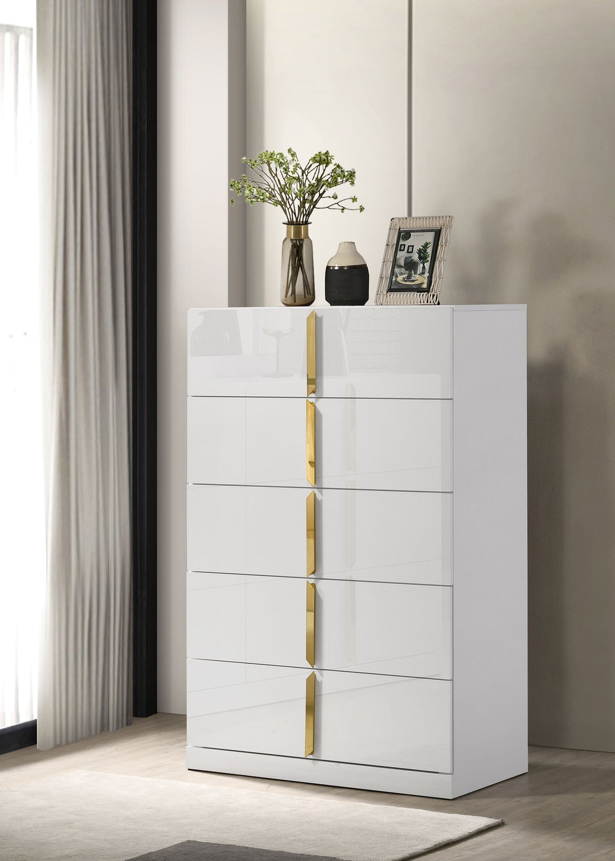 Ines - 5-Drawer Bedroom Chest Of Drawers - White High Gloss