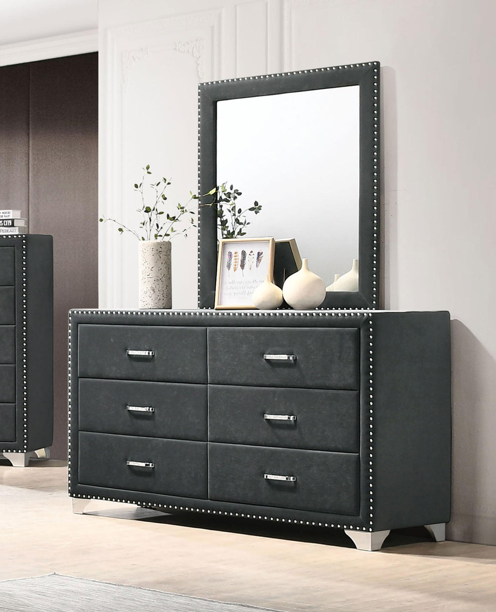 coaster-furniture-223383m-melody-6-drawer-upholstered-dresser-with-mirror-grey