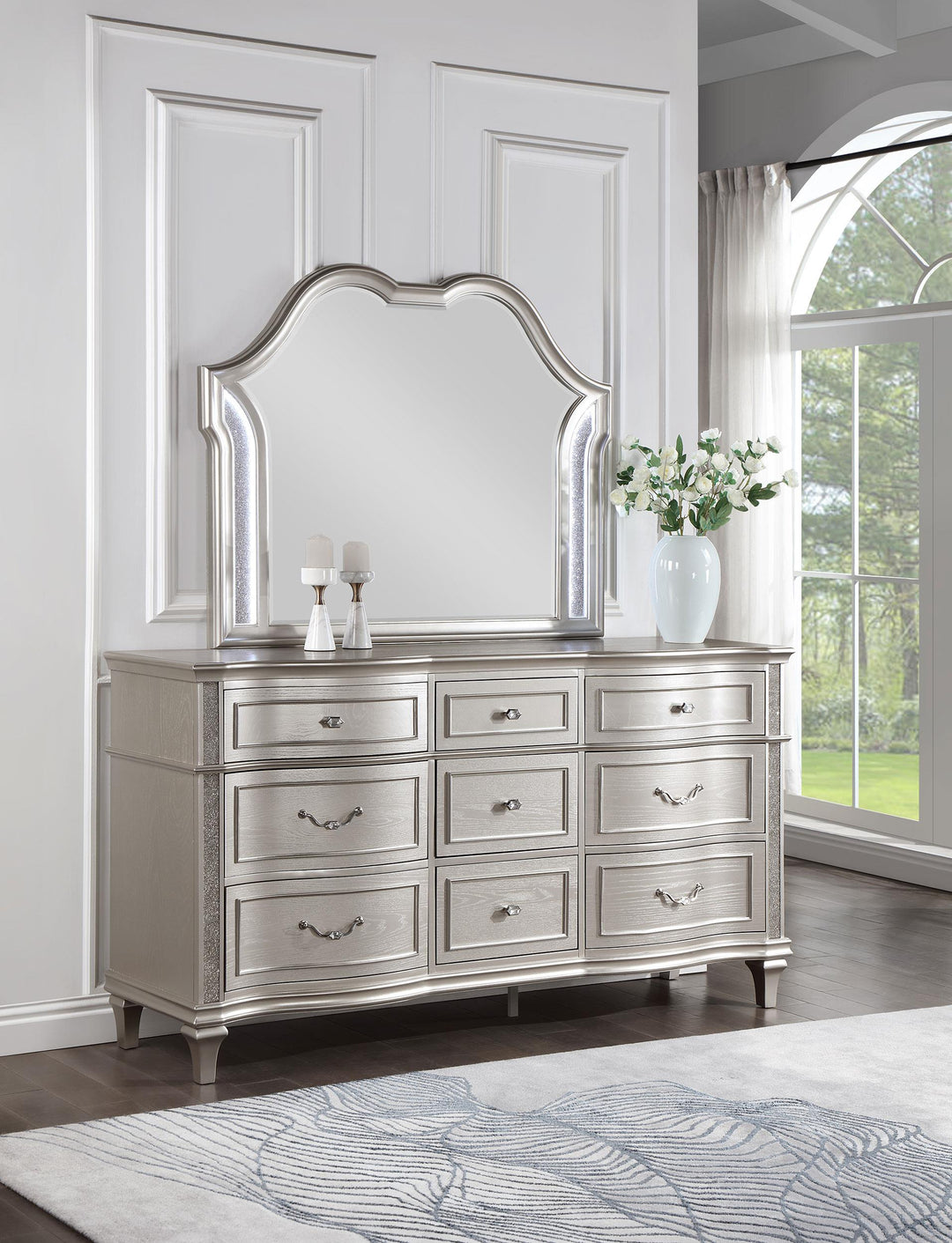 coaster-furniture-223393m-evangeline-9-drawer-dresser-with-mirror-silver-oak