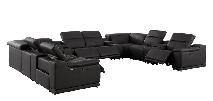 DivanItalia 9762 12-Piece U Shaped Top Grain Italian Leather Sectional Sofa with 4 Power Recliners - Black
