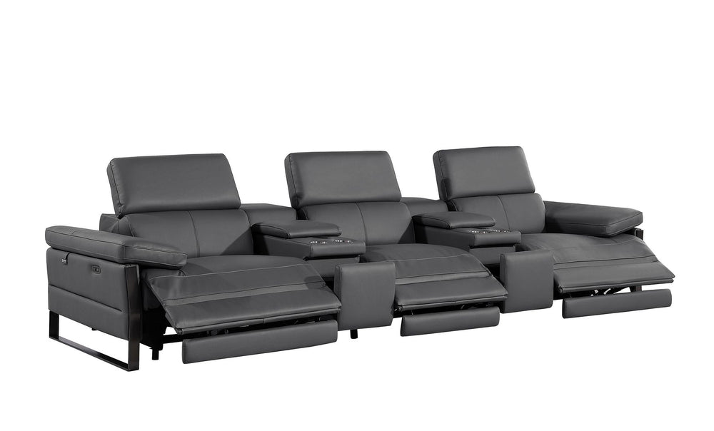 DivanItalia 1246 Modular Power Reclining Dual Console Sofa and Console Loveseat Set with Power Headrests – Top Grain Italian Leather - Dark Gray