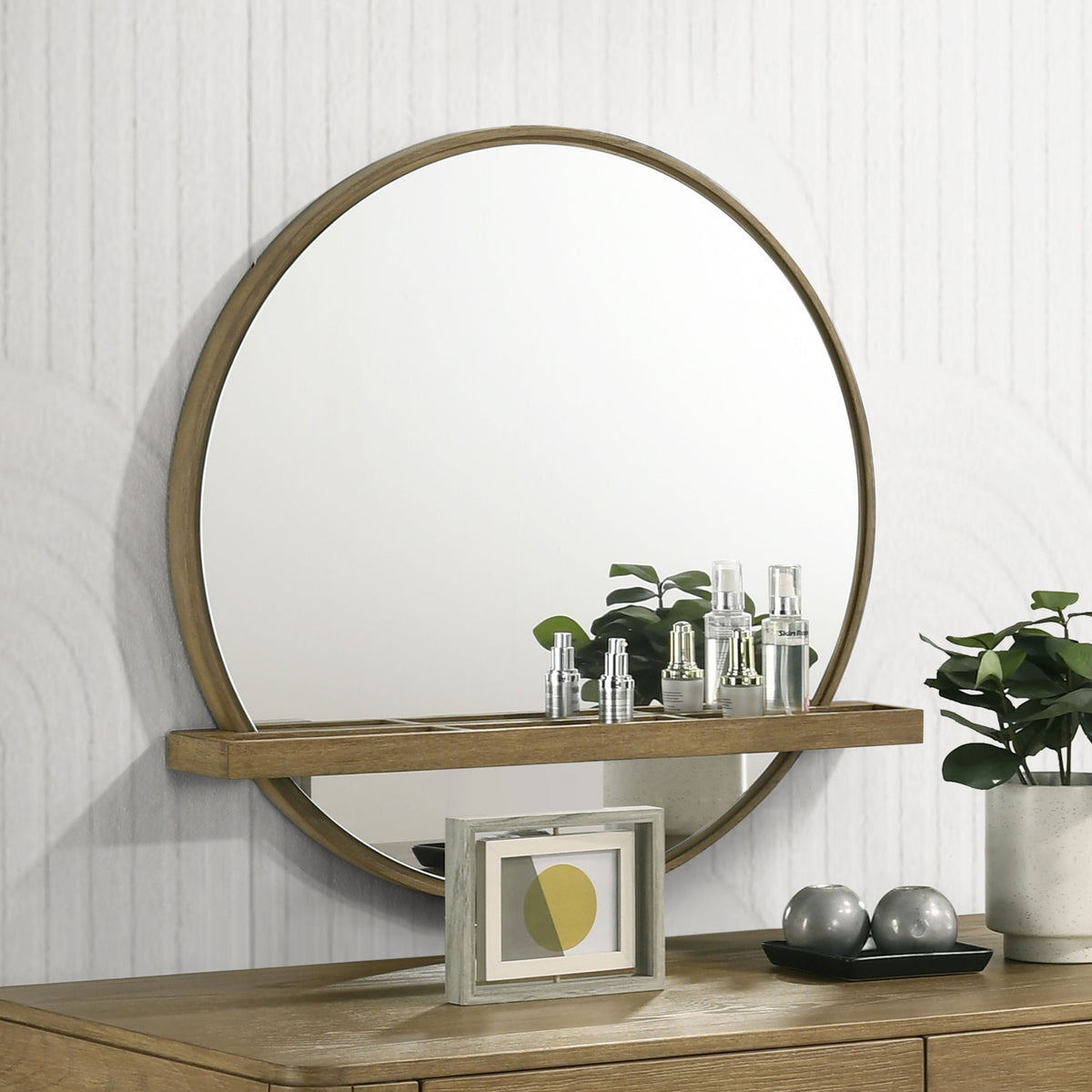 Arini - Round Vanity Wall Mirror With Shelf - Sand Wash
