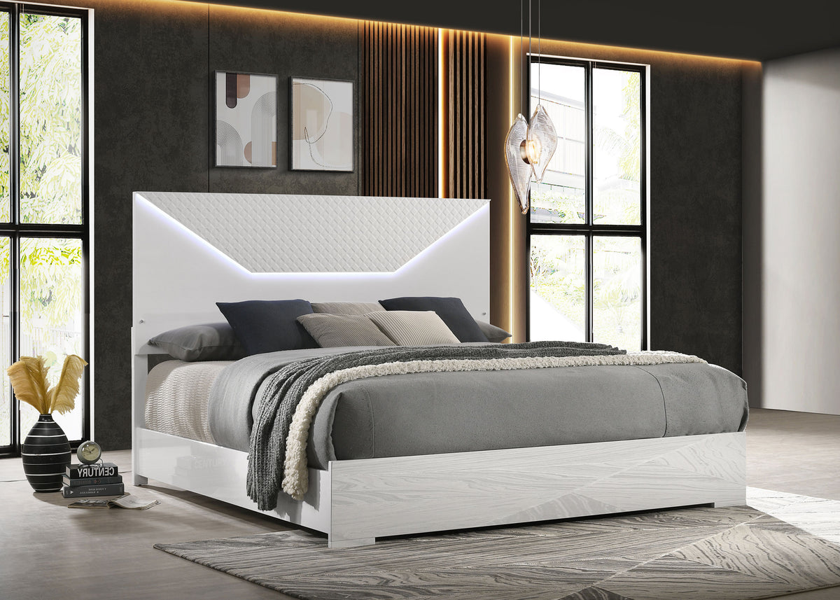 Ives - Queen Panel Bed LED Headboard - White High Gloss