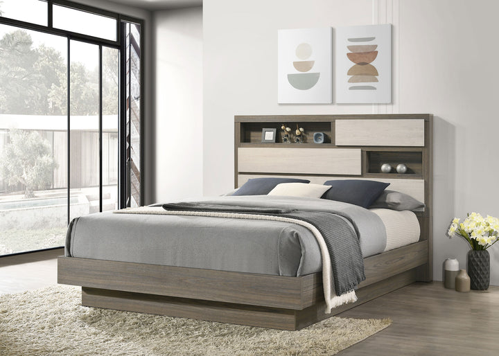 Fenwick - Queen Bed Bookcase Headboard - Gray Oak