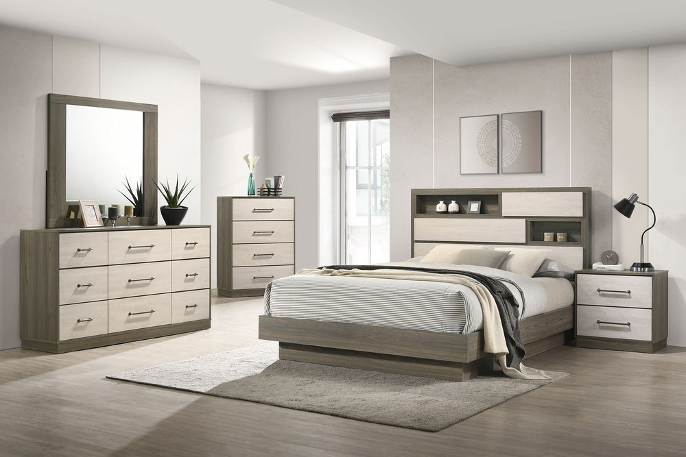 Fenwick - Queen Bed Bookcase Headboard - Gray Oak