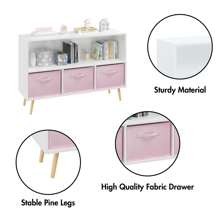 modern-kids-bookcase-with-collapsible-fabric-drawers-childrens-book-display-toy-storage-white-pink-mdf-pine-legs