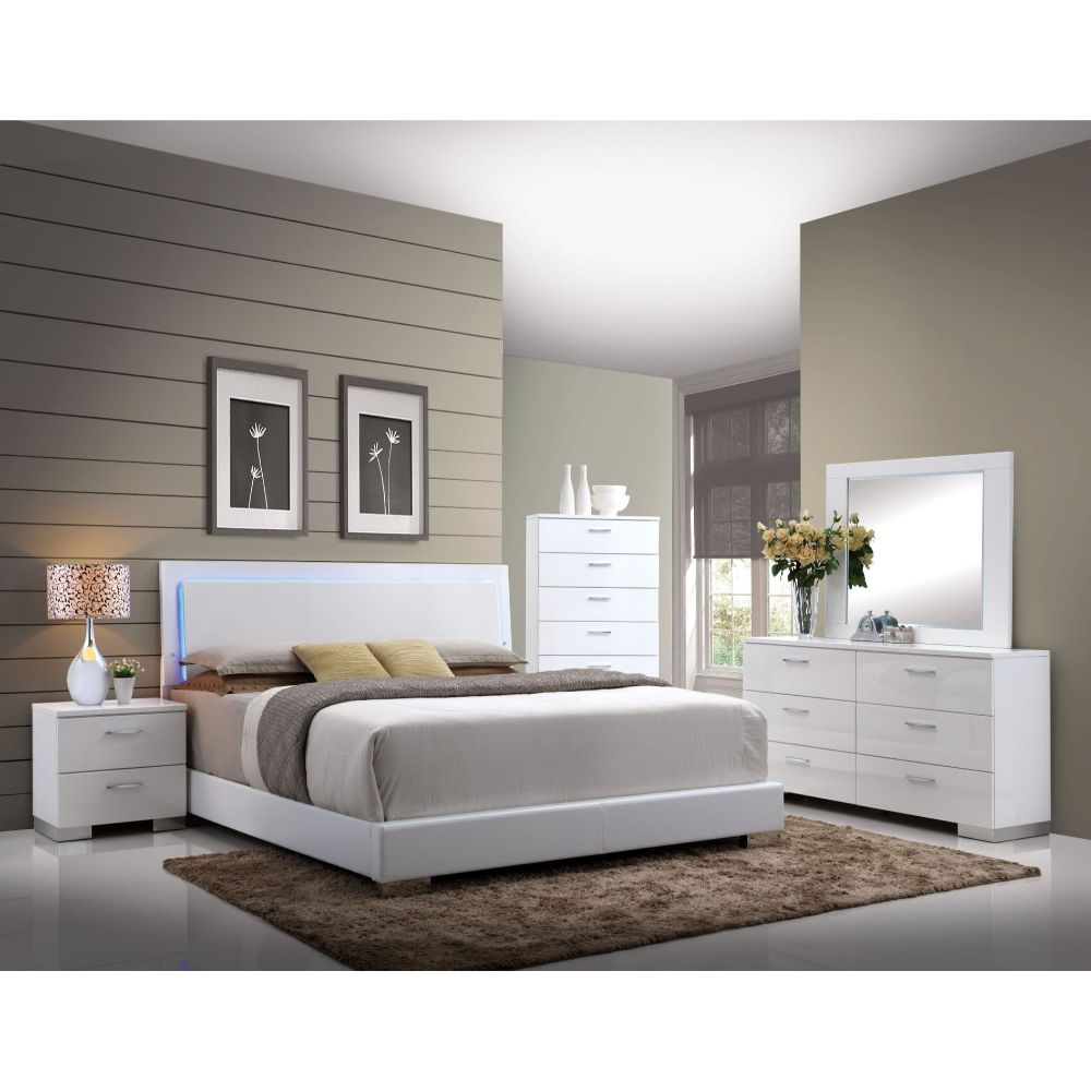 Lorimar Queen Bed with Led in White Leatherette & White Leg