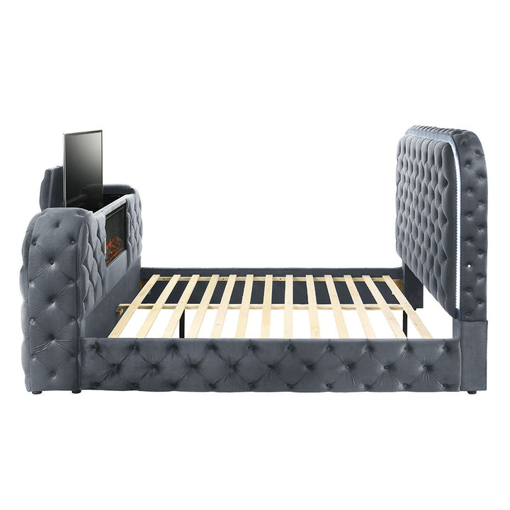 Kana - Queen Bed With LED, Fireplace & TV Stand - Gray Upholstery Velvet