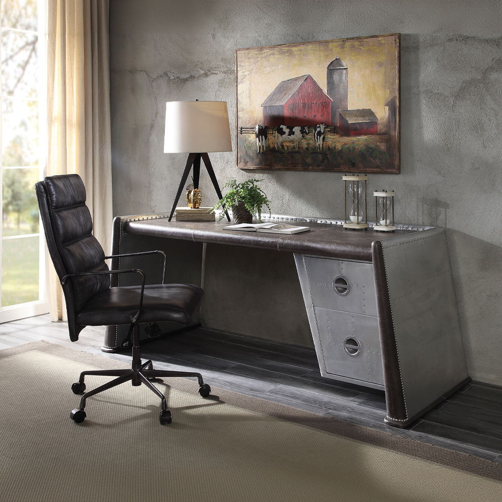Brancaster - Executive Writing Desk - Distress Chocolate Top Grain Leather & Aluminum