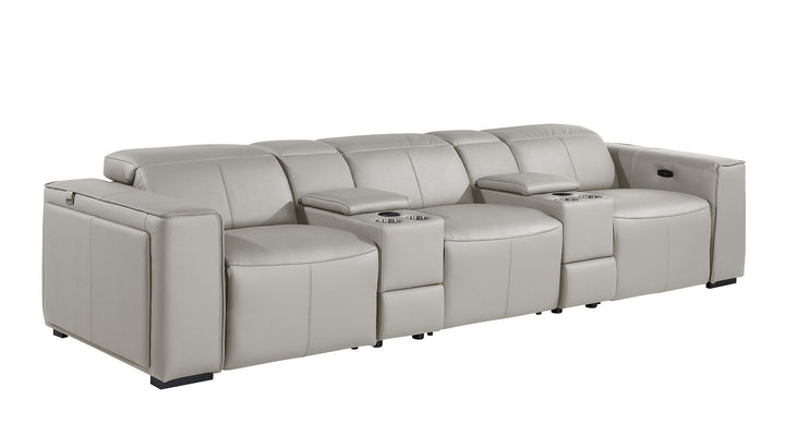 DivanItalia 1224 5-Piece Modular Power Reclining Sofa in Top Grain Italian Leather with 3 Power Recliners &amp; Power Headrests - Light Gray