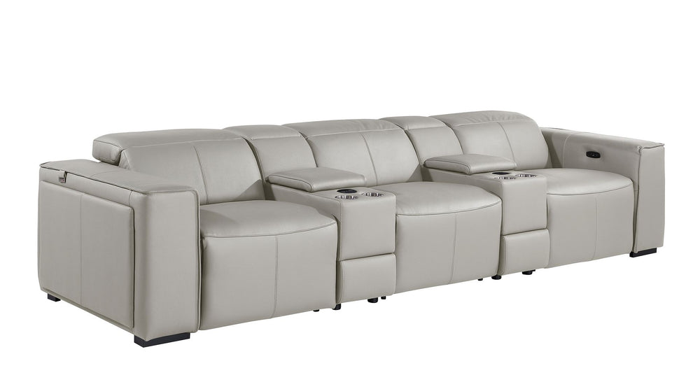 DivanItalia 1224 5-Piece Modular Power Reclining Sofa in Top Grain Italian Leather with 3 Power Recliners & Power Headrests - Light Gray
