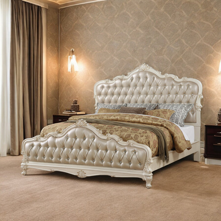 Chantelle Queen Bed in Rose Gold Leatherette &amp; Pearl White