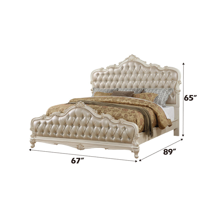 Chantelle Queen Bed in Rose Gold Leatherette &amp; Pearl White - dimensions
