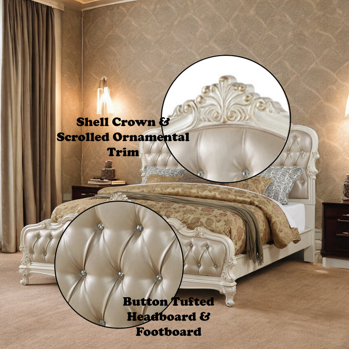 Chantelle Queen Bed in Rose Gold Leatherette &amp; Pearl White - features