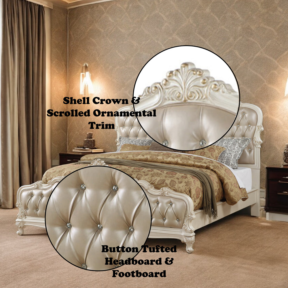 Chantelle Queen Bed in Rose Gold Leatherette & Pearl White - features