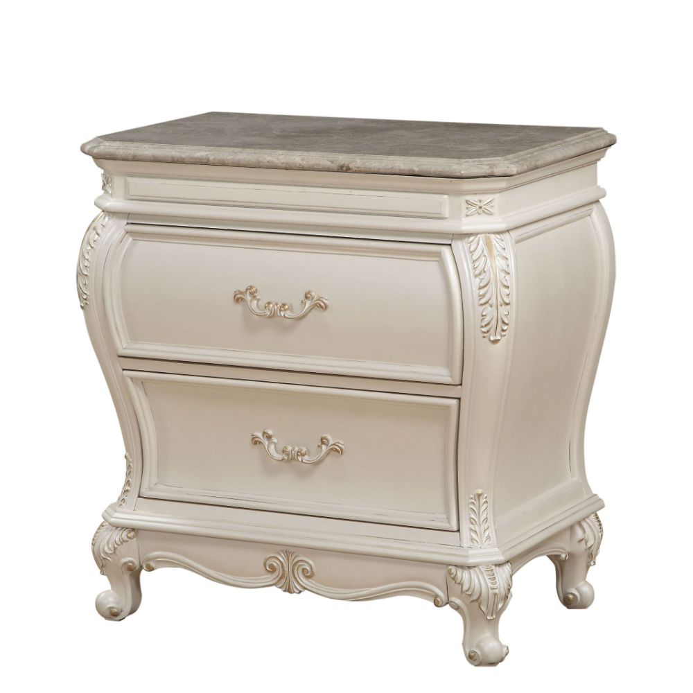 Chantelle Nightstand with Marble Top in Pearl White