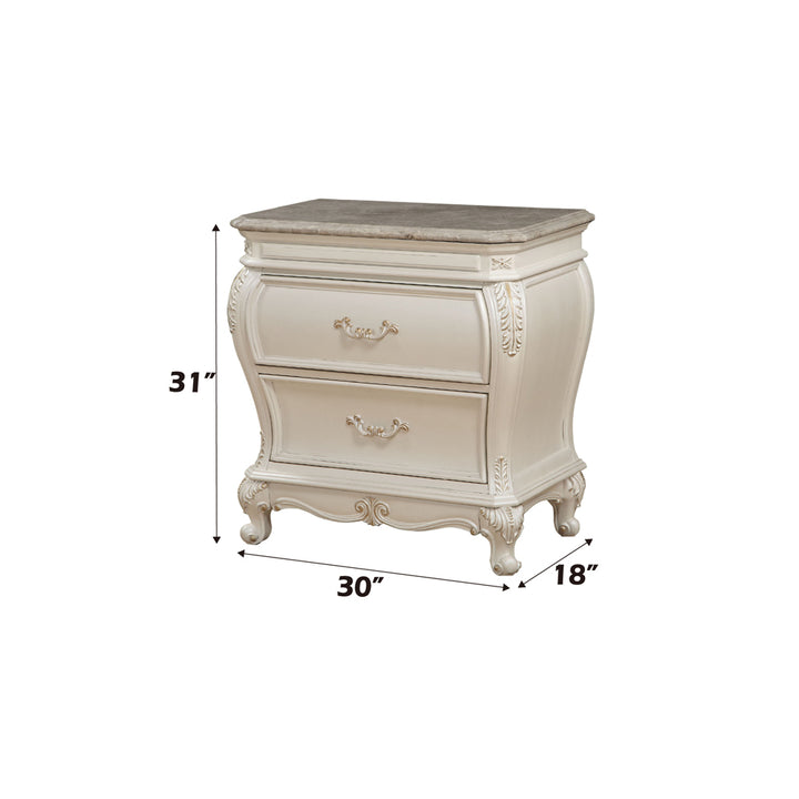 Chantelle Nightstand with Marble Top in Pearl White - dimensions