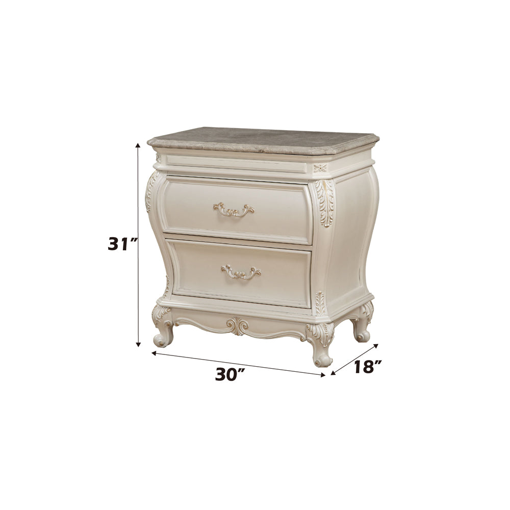 Chantelle Nightstand with Marble Top in Pearl White - dimensions