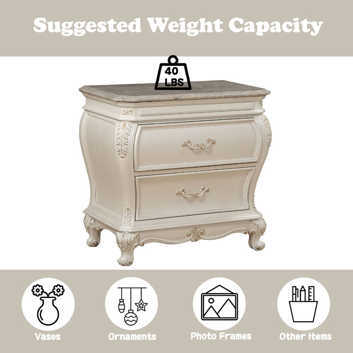 Chantelle Nightstand with Marble Top in Pearl White - features
