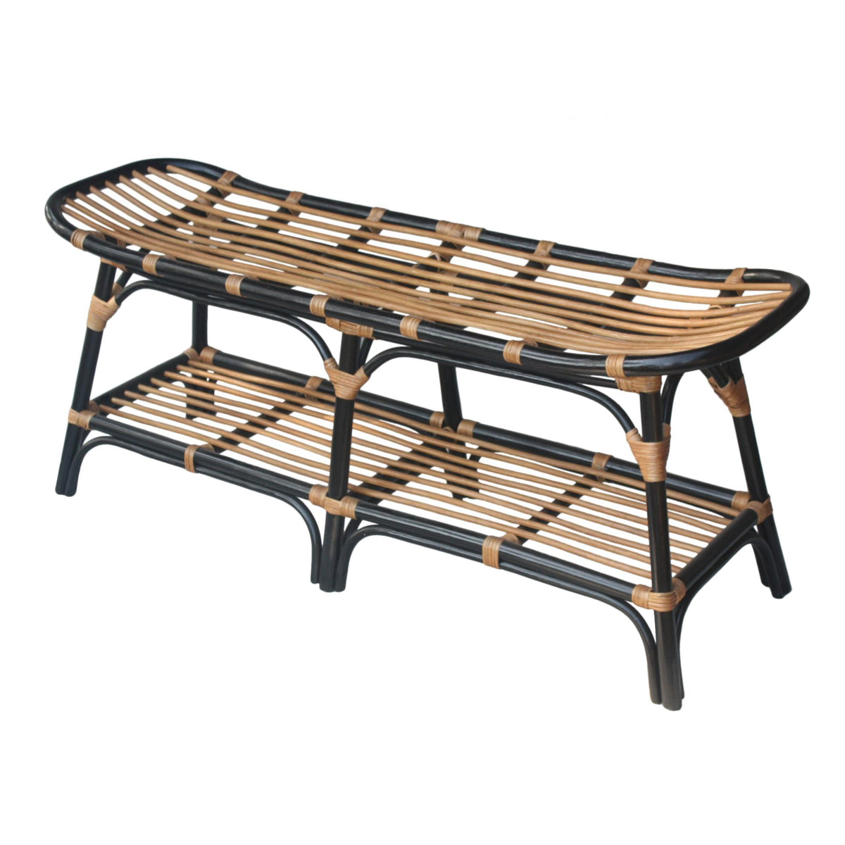 Damara Rattan Bench with Shelf - Black