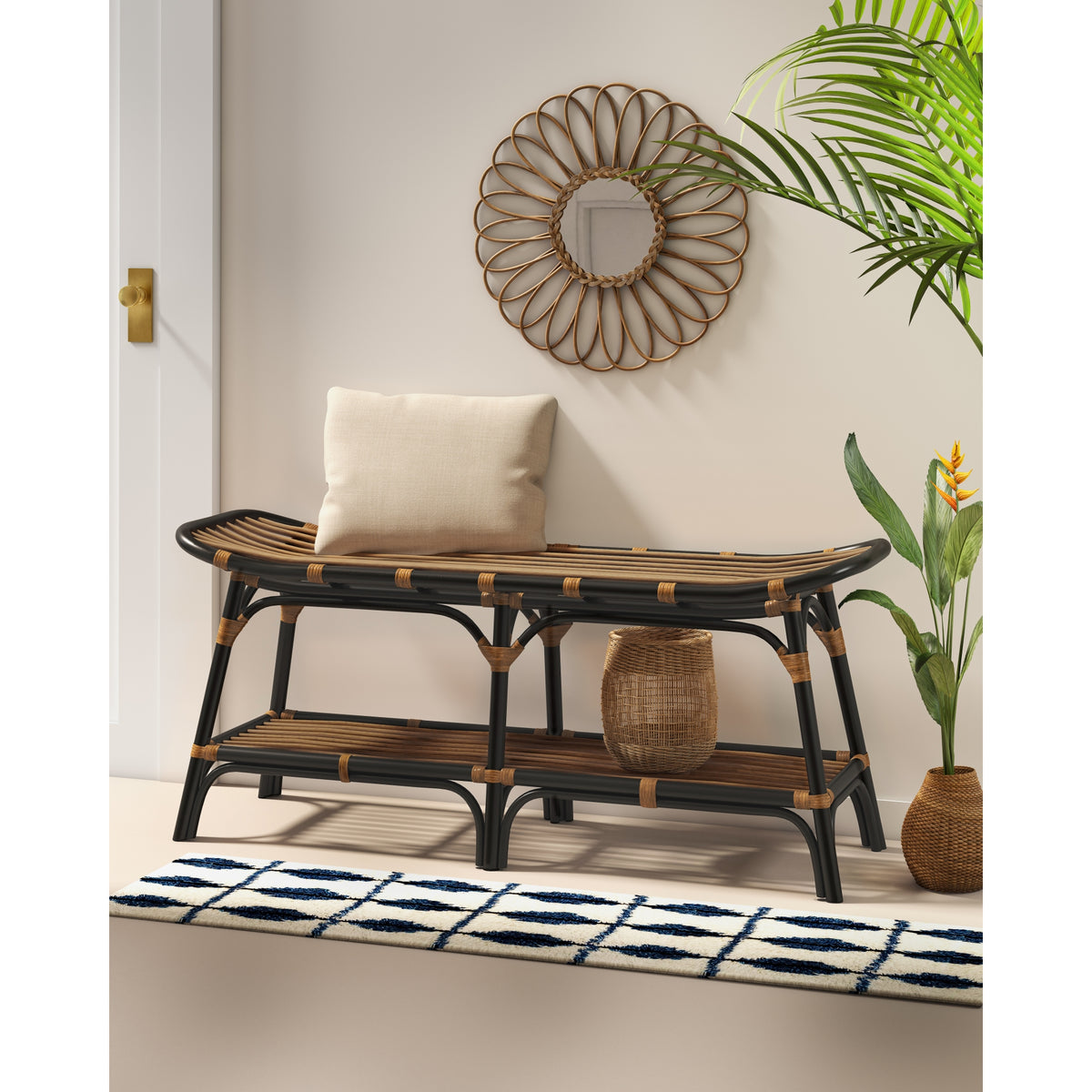 Damara Rattan Bench with Shelf - Black - view 2