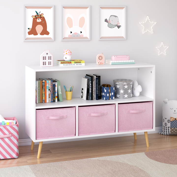 modern-kids-bookcase-with-collapsible-fabric-drawers-childrens-book-display-toy-storage-white-pink-mdf-pine-legs