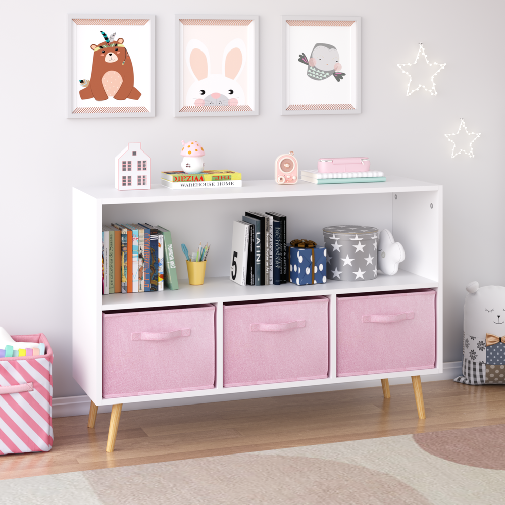 modern-kids-bookcase-with-collapsible-fabric-drawers-childrens-book-display-toy-storage-white-pink-mdf-pine-legs