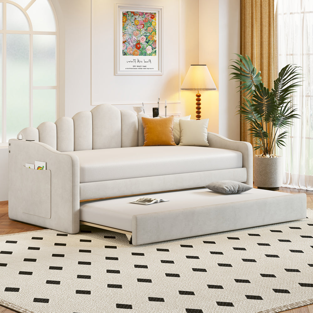 Twin Size Velvet Upholstered Daybed with Trundle & USB Charging Ports – Beige or Pink