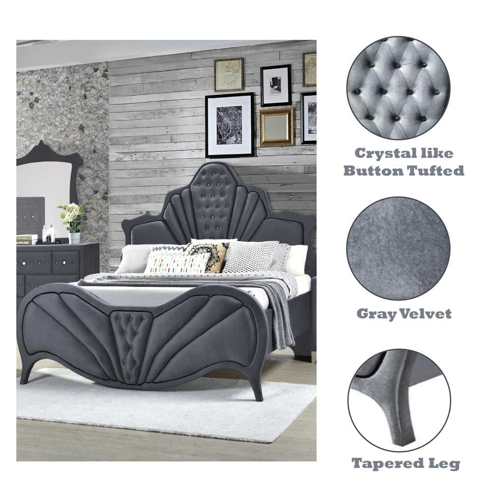 Dante Queen Bed in Gray Velvet - features