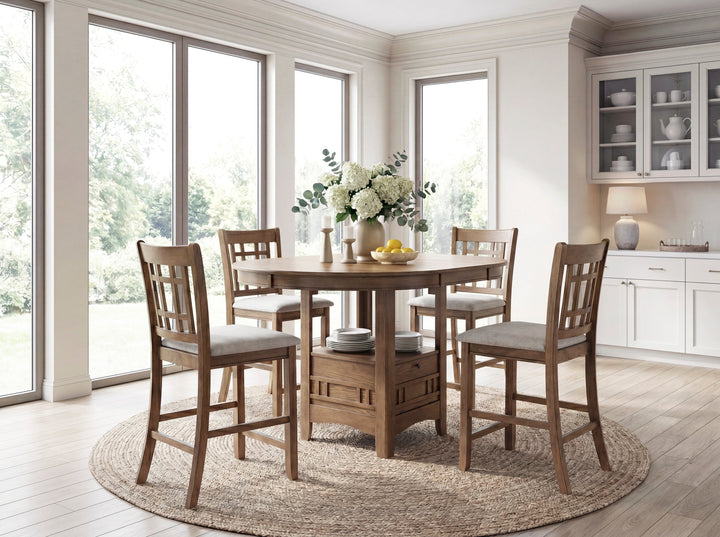 Junipero Oak Round with Oval Counter Height Dining Table with Storage Base
