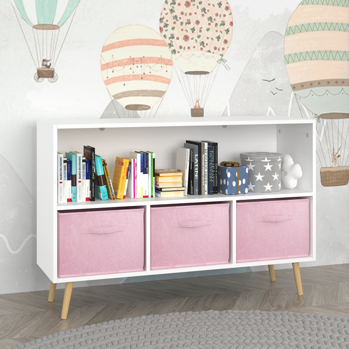 modern-kids-bookcase-with-collapsible-fabric-drawers-childrens-book-display-toy-storage-white-pink-mdf-pine-legs