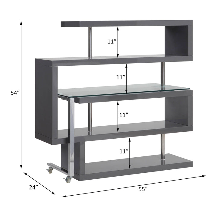 Buck II - Writing Desk With Bookshelf - Clear Glass, Chrome & Gray High Gloss
