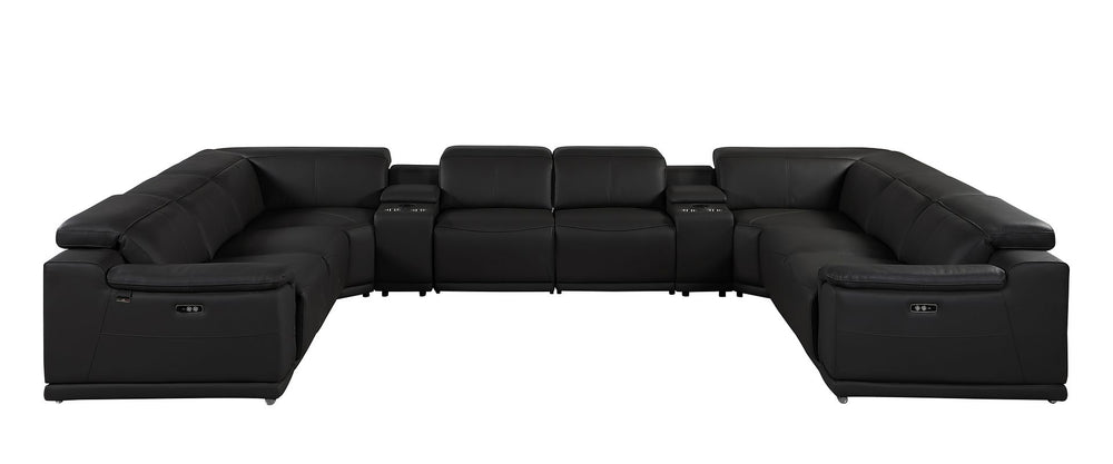 DivanItalia 9762 10-Piece U Shaped Top Grain Italian Leather Sectional Sofa with 4 Power Recliners - Black
