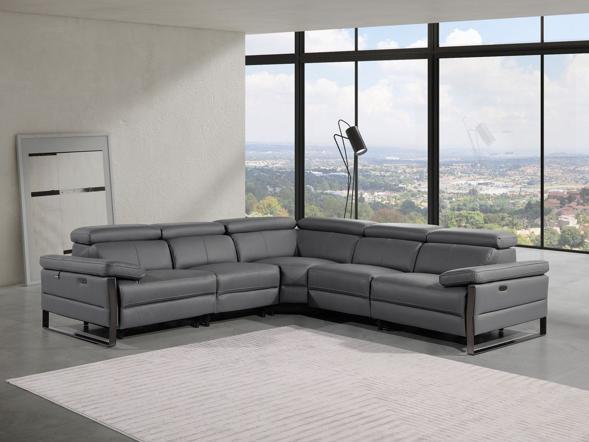 DivanItalia 1246 5-Piece L-Shaped Modular Power Reclining Sectional with Power Headrests – Top Grain Italian Leather - Dark Gray