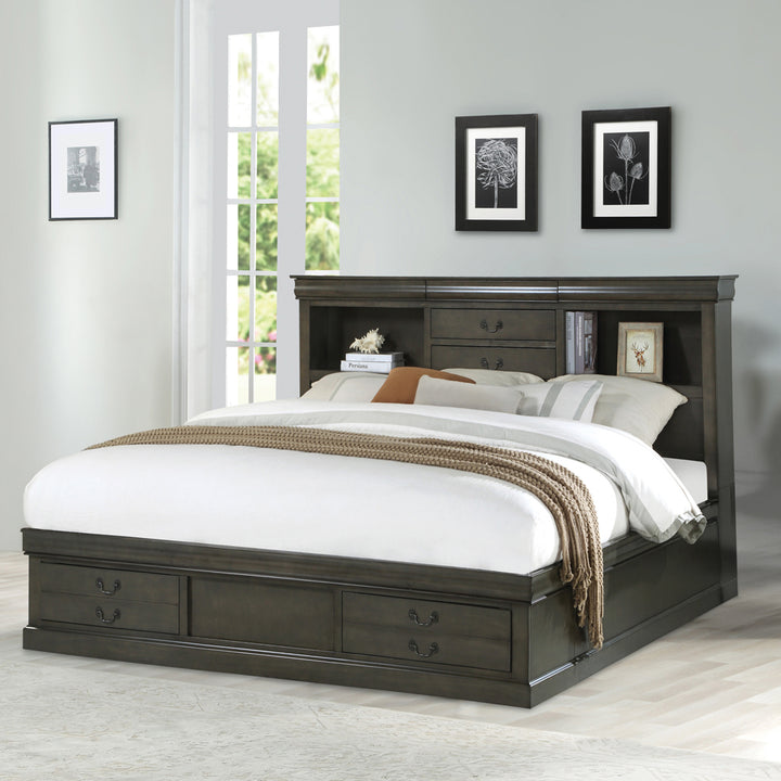 Louis Philippe III Queen Bed with Storage in Dark Gray