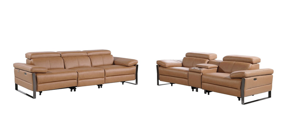 DivanItalia 1246 Modular Power Triple Reclining Sofa and Console Loveseat Set with Power Headrests – Top Grain Italian Leather - Cognac