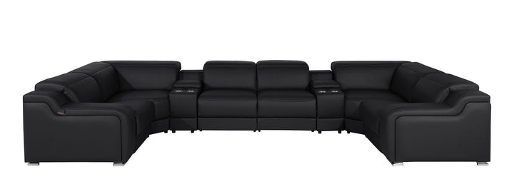 DivanItalia 1116 8-Piece U-Shaped Sectional Sofa in Top Grain Italian Leather with 2 Power Recliners &amp; Power Headrests – with Console - Black