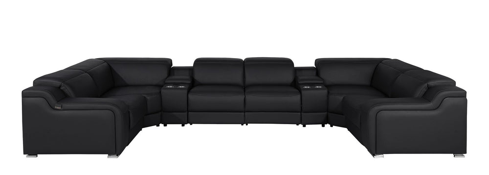 DivanItalia 1116 8-Piece U-Shaped Sectional Sofa in Top Grain Italian Leather with 2 Power Recliners & Power Headrests – with Console - Black